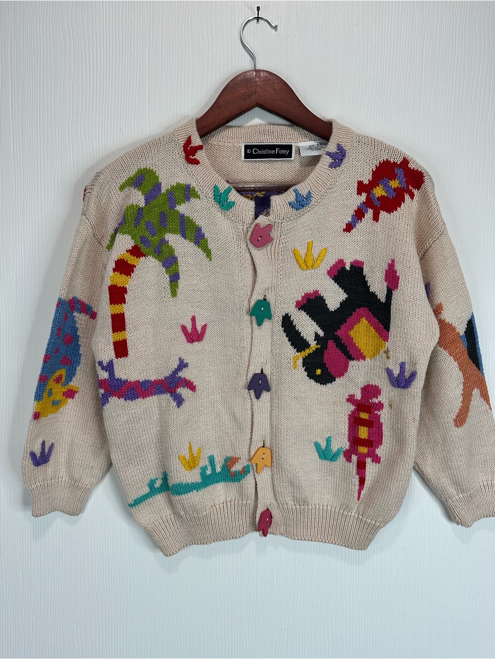 Christine Foley Beige Novelty Animal Palm Tree Animal Cardigan